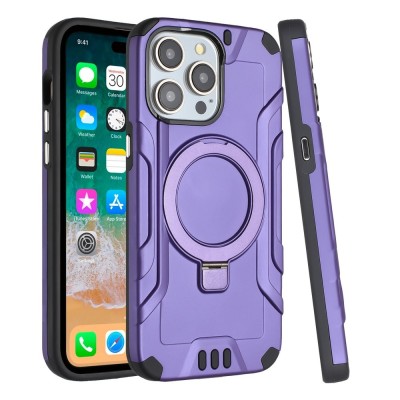 For iPhone 15 Pro Max Magnetic Circle Kickstand Exclusive Brushed Hybrid - Dark Purple