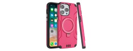 For iPhone 15 Pro Max Magnetic Circle Kickstand Exclusive Brushed Hybrid - Hot Pink