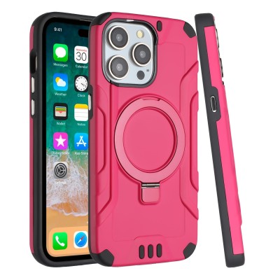 For iPhone 15 Pro Max Magnetic Circle Kickstand Exclusive Brushed Hybrid - Hot Pink