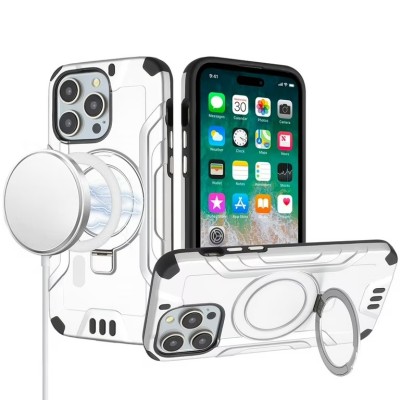 For iPhone 15 Pro Max Magnetic Circle Kickstand Exclusive Brushed Hybrid - Silver