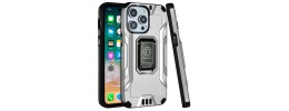 For iPhone 15 Pro Max Strong Tough Metallic Design Hybrid Premium Kicstand + 3X Tempered Glass - Grey
