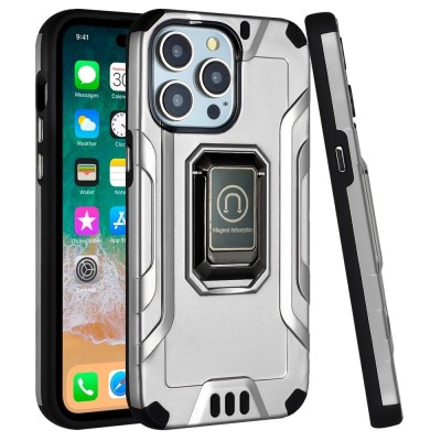 For iPhone 15 Pro Max Strong Tough Metallic Design Hybrid Premium Kicstand + 3X Tempered Glass - Grey