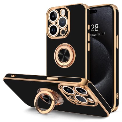 For iPhone 15 Pro Max Strong Tough Metallic Design Hybrid Premium Kicstand + 3X Tempered Glass - Rose Gold