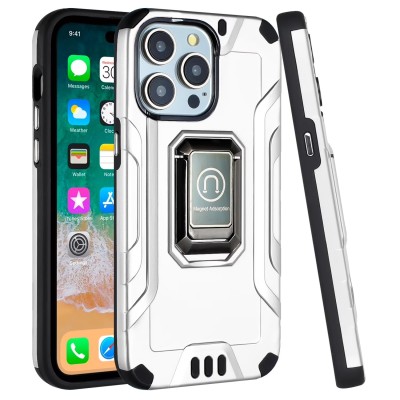 For iPhone 15 Pro Max Strong Tough Metallic Design Hybrid Premium Kicstand - Silver