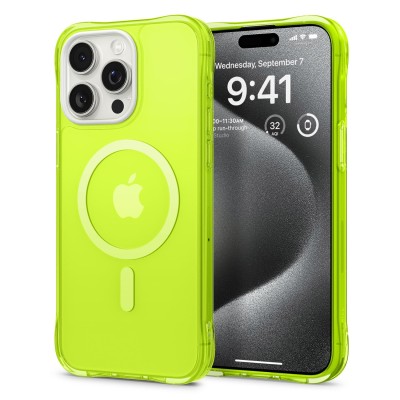 For iPhone 15 Pro Max / Ultra METKASE Basic Transparent [Magnetic Circle] Premium Hybrid - Neon Green