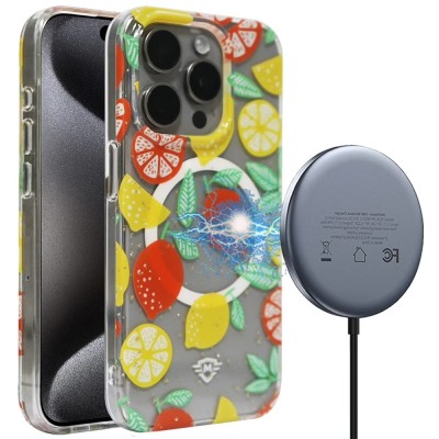 For iPhone 15 Pro Max / Ultra METKASE Floral Design [Magnetic Circle] Transparent Hybrid - Lemon Pattern