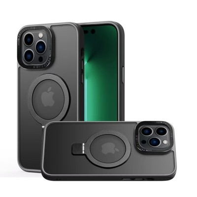 For iPhone 15 Pro Metal Chrome Kickstand [Magnetic Circle] Shockproof Matching Camera Hybrid - Black