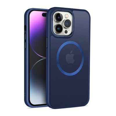 For iPhone 15 Pro Metal Chrome Kickstand [Magnetic Circle] Shockproof Matching Camera Hybrid - Navy Blue