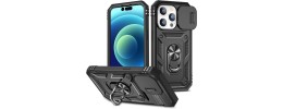For iPhone 15 Pro Multi-Functional Card Magnetic Ring Stand Hybrid Camera Case Cover - Black