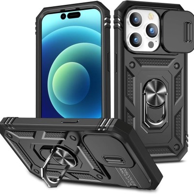 For iPhone 15 Pro Multi-Functional Card Magnetic Ring Stand Hybrid Camera Case Cover - Black
