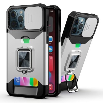 For iPhone 15 Pro Multi-Functional Card Magnetic Ring Stand Hybrid Camera Case Cover - Silver