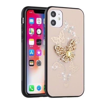 For iPhone 15 Pro Passion Square Hearts Diamond Glitter Ornaments Engraving Case Cover - Garden Butterflies Gold