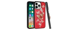 For iPhone 15 Pro Passion Square Hearts Diamond Glitter Ornaments Engraving Case Cover - Garden Butterflies Red