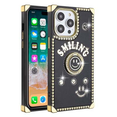 For iPhone 15 Pro Passion Square Hearts Smiling Diamond Ring Stand Case Cover - Black