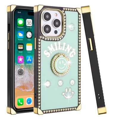 For iPhone 15 Pro Passion Square Hearts Smiling Diamond Ring Stand Case Cover - Teal