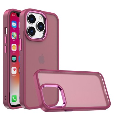 For iPhone 15 Pro Polished Oil Thick Acrylic Metal Button Hybrid Case Cover - Beige