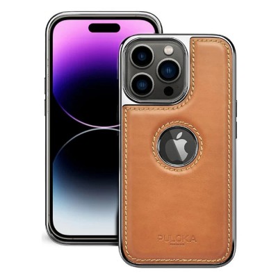 For iPhone 15 Pro Premium PU Leather Square Heart Hybrid Case - Brown