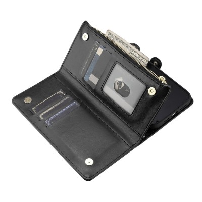 For iPhone 15 Pro Purse Style Wallet Card ID Money Holder with Zip containing Long & Short Lanyard - Black