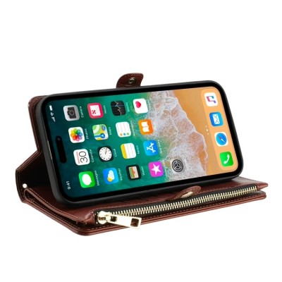 For iPhone 15 Pro Purse Style Wallet Card ID Money Holder with Zip containing Long & Short Lanyard - Brown