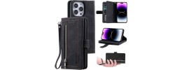 For iPhone 15 Pro Retro Wallet Card Holder Case Cover - Black