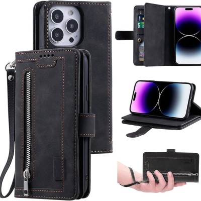 For iPhone 15 Pro Retro Wallet Card Holder Case Cover - Black