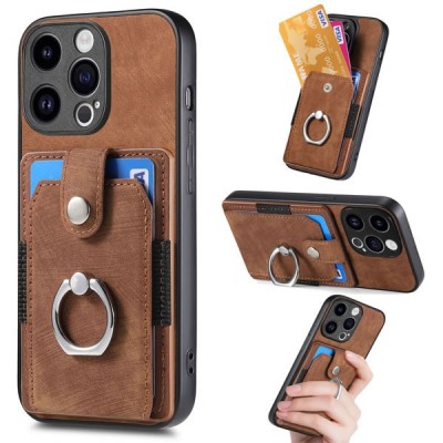 For iPhone 15 Pro Retro Wallet Card Holder Case Cover - Brown