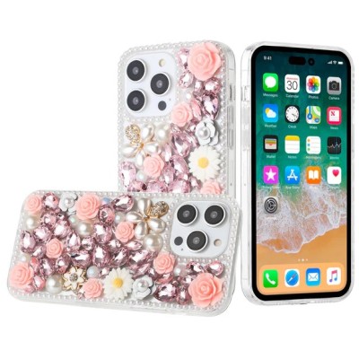For iPhone 15 Pro Rose Flower Full Diamond Bling Stones - Clear