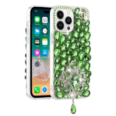 For iPhone 15 Pro Rose Flower Full Diamond Bling Stones - Green