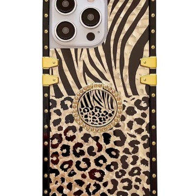For iPhone 15 Pro SQUARE Passion Glitter Diamond Ring Stand Case Cover - Floral Design Gold