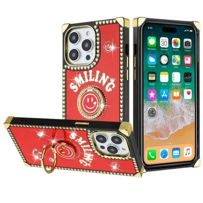 For iPhone 15 Pro SQUARE Passion Glitter Diamond Ring Stand Case Cover - Floral Design Red