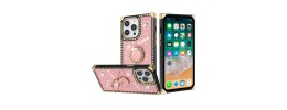 For iPhone 15 Pro SQUARE Passion Glitter Diamond Ring Stand Case Cover - Heart Design Pink