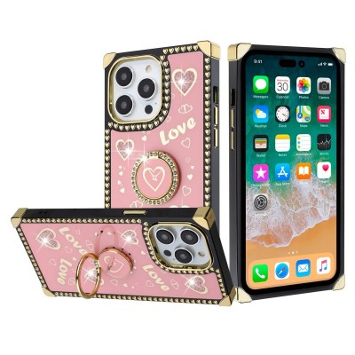 For iPhone 15 Pro SQUARE Passion Glitter Diamond Ring Stand Case Cover - Heart Design Pink