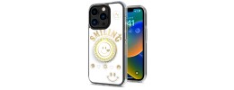 For iPhone 15 Pro Smiling Glitter Ornament Bling With Ring Stand Hybrid Case Cover - White