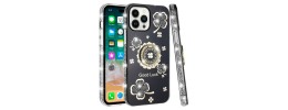 For iPhone 15 Pro Splendid Glitter with Diamonds All Around Edges Ring Stand Case Cover - Black