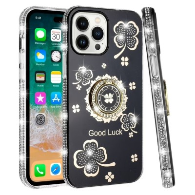 For iPhone 15 Pro Splendid Glitter with Diamonds All Around Edges Ring Stand Case Cover - Black