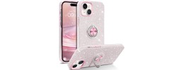 For iPhone 15 Pro Splendid Glitter with Diamonds All Around Edges Ring Stand Case Cover - Pink