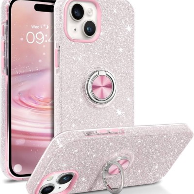 For iPhone 15 Pro Splendid Glitter with Diamonds All Around Edges Ring Stand Case Cover - Pink