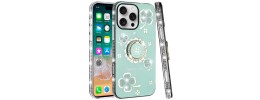 For iPhone 15 Pro Splendid Glitter with Diamonds All Around Edges Ring Stand Case Cover - Teal