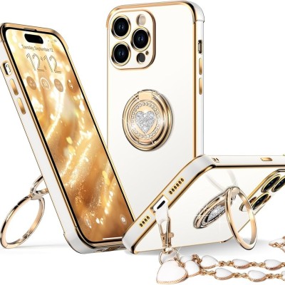 For iPhone 15 Pro Square Passion Hearts Bling Glitter Love Design Ring Stand Case Cover - Gold