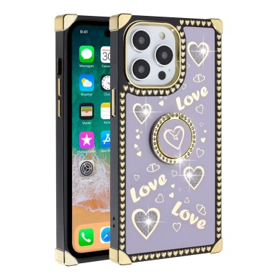For iPhone 15 Pro Square Passion Hearts Bling Glitter Love Design Ring Stand Case Cover - Purple