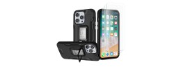 For iPhone 15 Pro Strong Tough Metallic Design Hybrid Premium Kicstand + 3X Tempered Glass - Black