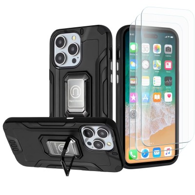 For iPhone 15 Pro Strong Tough Metallic Design Hybrid Premium Kicstand + 3X Tempered Glass - Black