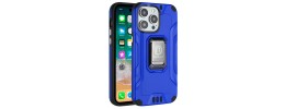 For iPhone 15 Pro Strong Tough Metallic Design Hybrid Premium Kicstand + 3X Tempered Glass - Blue