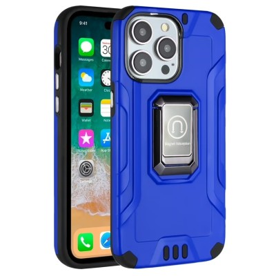 For iPhone 15 Pro Strong Tough Metallic Design Hybrid Premium Kicstand + 3X Tempered Glass - Blue