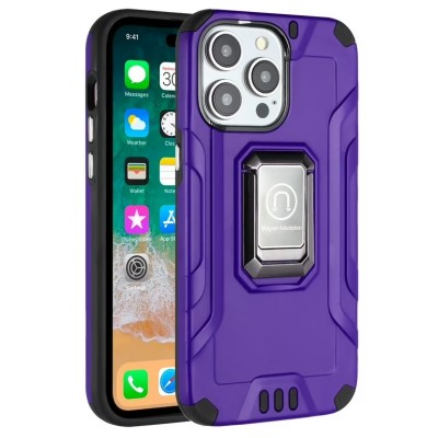 For iPhone 15 Pro Strong Tough Metallic Design Hybrid Premium Kicstand + 3X Tempered Glass - Dark Purple