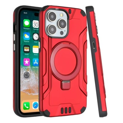 For iPhone 15 Pro Strong Tough Metallic Design Hybrid Premium Kicstand + 3X Tempered Glass - Red