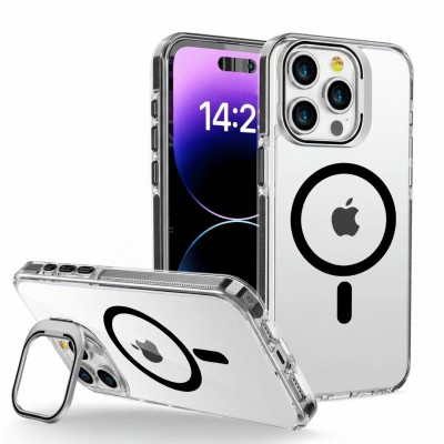 For iPhone 15 Pro Strong Tough Metallic Design Hybrid Premium Kicstand - Silver