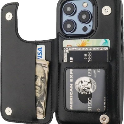 For iPhone 15 Pro Wallet ID Card Holder Case Cover - Black