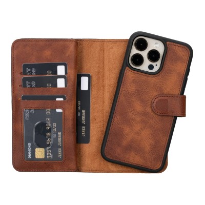 For iPhone 15 Pro Wallet Premium PU Vegan Leather ID Card Money Holder with Magnetic Closure - Brown