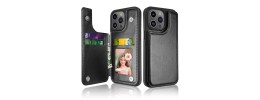 For iPhone 15 Pro Wallet Premium PU Vegan Leather ID Multiple Card Holder Money with Strap - Black